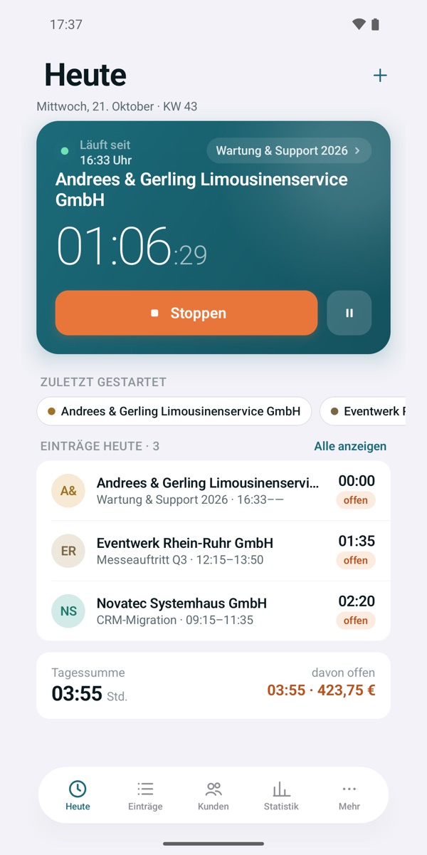 Jobzeiten: Heute-Ansicht mit laufendem Timer, Einträgen des Tages und Tagessumme